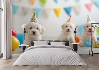 A joyful scene of puppies celebrating a birthday party, each wearing tiny hats and surrounded by colorful toys, capturing the essence of adorable fun and playful celebration. Wall mural