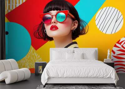 A stylish young woman with a bold hairstyle wears trendy sunglasses and a striped shirt, standing against a vibrant and colorful geometric background perfect for modern fashion aesthetics. Wall mural