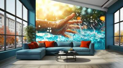 A swimmer's hand expertly breaks through the crystal clear water, capturing the essence of realistic motion and beautiful light reflections in an aquatic environment. Wall mural