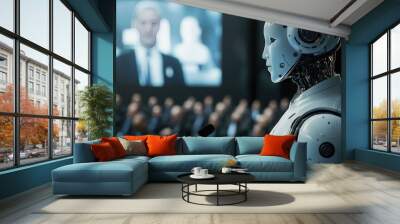 An AI humanoid CEO at a global summit, addressing world leaders on the future of technological advancements, with ample copy space for messages or graphics. Wall mural