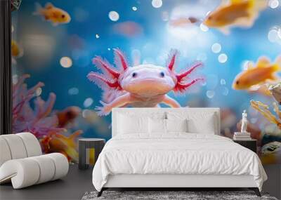 An enchanting axolotl gracefully glides through a vibrant aquarium, surrounded by a school of colorful fish, showcasing the beautiful interplay of underwater life in motion. Wall mural