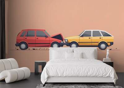 Car crash flat cartoon style, two automobiles collision, auto or vehicle accident Wall mural