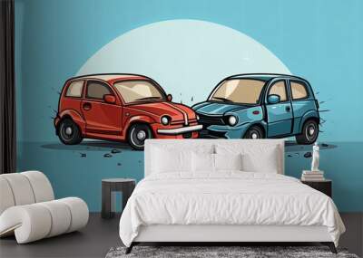 Car crash flat cartoon style, two automobiles collision, auto or vehicle accident Wall mural