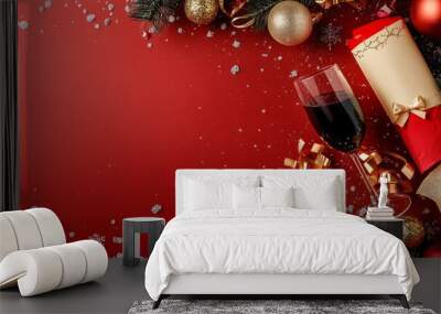 A beautifully arranged setting featuring a glass of red wine, colorful ornaments, and gift-wrapped presents for festive occasions Wall mural