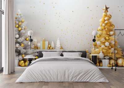 A beautifully decorated white and gold Christmas tree surrounded by festive presents Wall mural