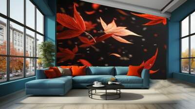 A collection of vibrant red maple leaves floats and swirls elegantly in the air, portraying the tranquility of autumn against a dark backdrop Wall mural