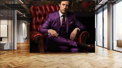 A Dapper Gentleman in a Vibrant Purple Suit Relaxing on a Bold Red Chair Wall mural