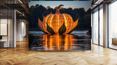 A glowing pumpkin floating on water at night Wall mural