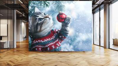 A kitten in a colorful holiday sweater reaches for a red ornament on a snow-covered Christmas tree, creating a festive atmosphere Wall mural