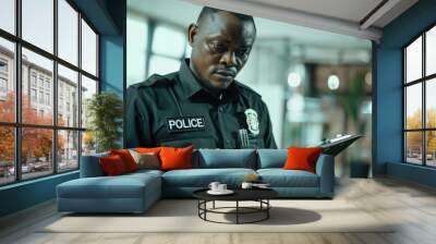 A male police officer is writing on a clipboard while standing inside a building Wall mural