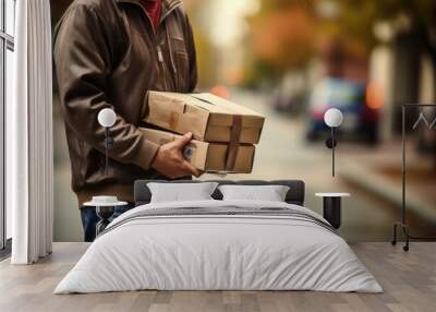 A man holding a box on a city street Wall mural