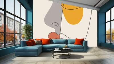 A minimalist design showcases an abstract representation of a woman's face with unique line work and bold color accents Wall mural