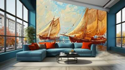 A painting depicting two sailboats moving gracefully across the deep blue ocean, with their sails billowing in the wind. Wall mural