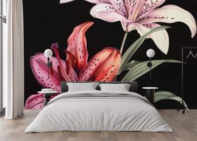 A painting depicting two vibrant flowers against a deep black background. Wall mural