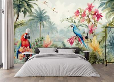 A painting of two parrots in a tropical forest Wall mural