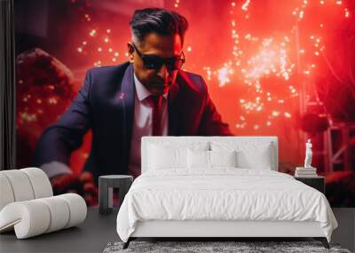 A photo of a professional man in a suit and sunglasses, skillfully mixing music with DJ equipment. Wall mural