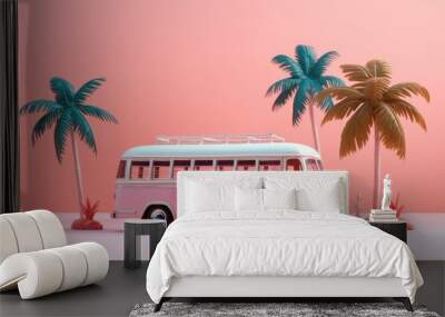 A pink and white bus parked next to two palm trees Wall mural