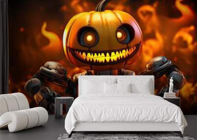 A robot wearing a pumpkin as a face mask Wall mural