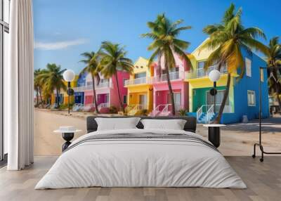 A row of brightly colored houses on a beach Wall mural