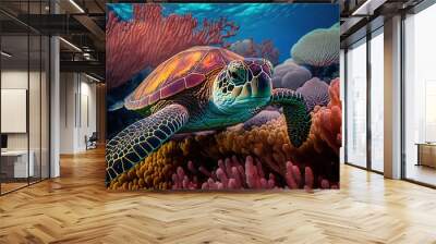 A turtle swimming over a colorful coral reef, created with Generative Ai Technology Wall mural