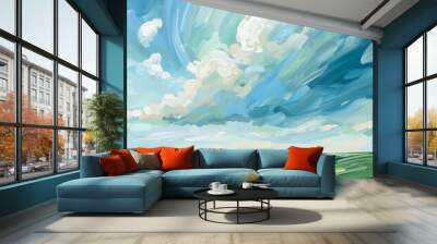 A vibrant, colorful painting of rolling green hills with a blue sky and white clouds above Wall mural