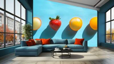 A vibrant display of fruits featuring a strawberry flanked by two melon balls on a bright blue surface, emphasizing their shapes and colors Wall mural