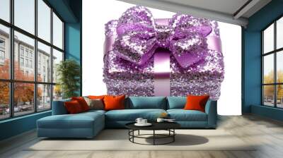 A vibrant purple gift box adorned with glitter and a shiny bow, perfect for birthdays, holidays, and celebrations, adds a festive touch to any occasion. Transparent background PNG Wall mural