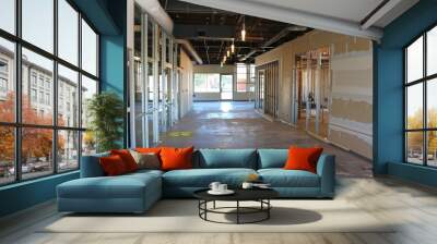 a view of the interior of an unfinished office building under construction, showing glass partitions Wall mural