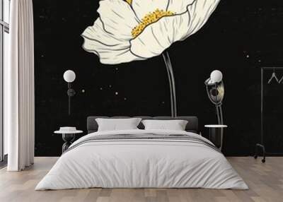 A white flower stands tall with a sun behind it, contrasting beautifully against the dark backdrop, enhancing its delicate features Wall mural