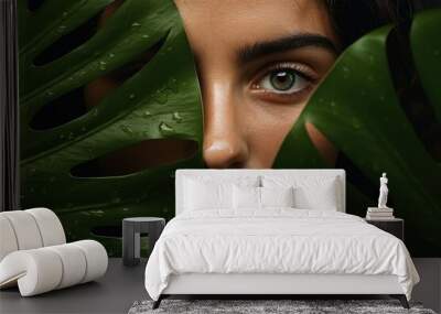 A woman's face hidden behind a vibrant green leaf Wall mural