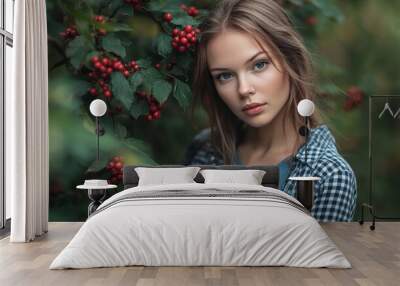 A young woman wearing a blue shirt and plaid shirt leans against a berry-laden plant, showcasing the beauty of the garden Wall mural