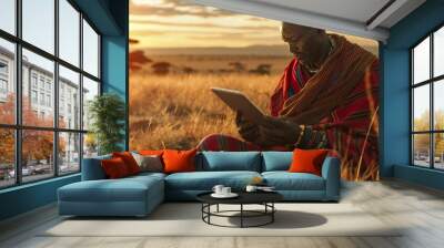 African man is seated in an open field, focused on a tablet device in his hands Wall mural