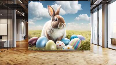 Cute easter bunny sitting in meadow surrounded by many Easter eggs, generative ai Wall mural