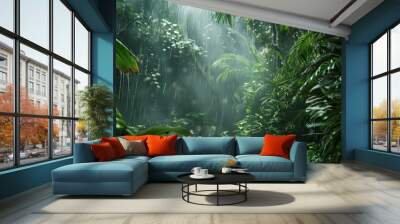 Rain pours down from the sky onto lush green jungle foliage in a tropical forest setting. Wall mural