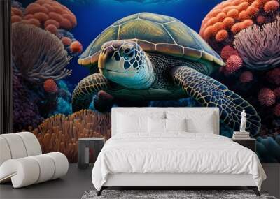 sea turtle swimming amongst the tropical coral, generative ai Wall mural