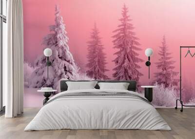 Tall pine trees are blanketed in snow, illuminated by a soft pinkish glow from the rising sun in a serene winter environment Wall mural