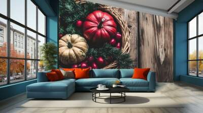 The basket showcases various pumpkins alongside vibrant ornaments, highlighting the essence of autumn and harvest festivities Wall mural