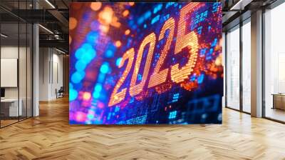 The vibrant display signifies the year 2025, showcasing bright colors and digital patterns in a futuristic nighttime environment Wall mural