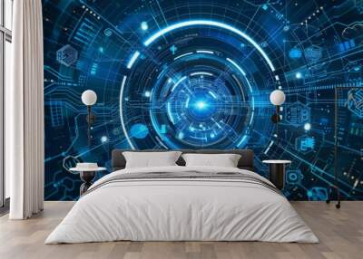 This photo displays a futuristic blue background with a prominent circular design at the center, creating an intriguing visual effect. Wall mural