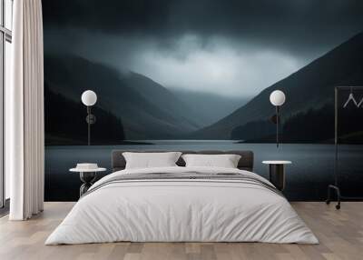 Twilight casts a serene glow over the still lake, framed by shadowy mountains and enveloped in mist, creating a tranquil atmosphere Wall mural