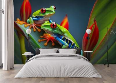 Two red-eyed tree frogs sitting on a heliconia, generative ai Wall mural