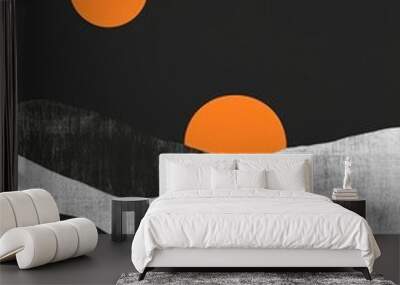 Two vibrant orange suns set over a minimalist mountain range, showcasing a serene and artistic interpretation of natural beauty Wall mural