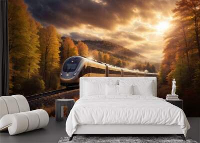 A high-speed train gliding through a picturesque landscape of an vibrant autumn forest Wall mural