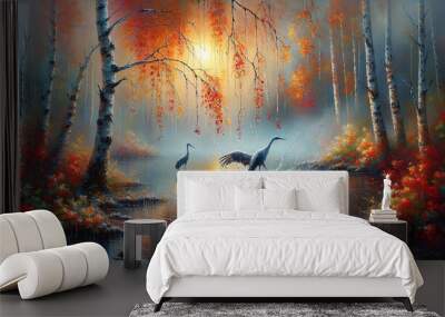 Oil painting, fantasy of two cranes in the water splashes, birch branch, stinging blurred fog, autumn landscape Wall mural