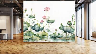 Watercolor floral seamless border with hand painted green leaves, lotus flowers. Isolated on white background, perfect for design, print, and backgrounds Wall mural