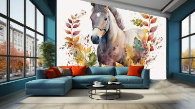 Watercolor cute horse with leaves around illustration, Generative AI and manual enhanced color Wall mural