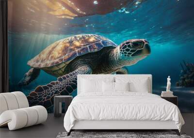 wild turtle floating over blue beautiful natural ocean with sunlight through water surface, generative ai Wall mural