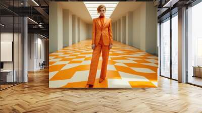 Woman in Orange Suit Standing in Hallway Wall mural