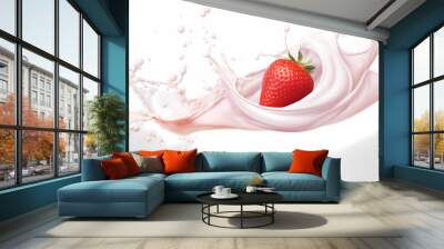 Dynamic interaction of milk splash with strawberry, creating a smooth wave of yogurt and cream, generative by AI. Wall mural