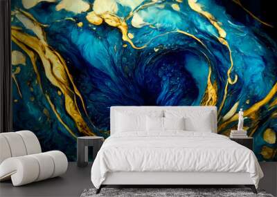 Liquid blue and golden paints, Abstract fluid smooth background with waves luxury.3d render. Wall mural